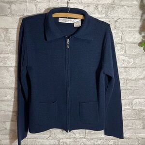 VICTORIA JONES Petite‎ Navy Zip Up Wool Blend Cardigan Sweater Sz M